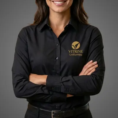 Mulher vestindo camisa social preta com logo bordado
