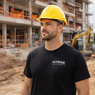 Trabalhador de capacete em obra vestindo camiseta da Vitrine Uniformes